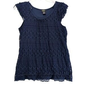 Shannon Ford NY Navy Sleeveless Lace Top Women's L Whimsigoth Romantic Cap Slv